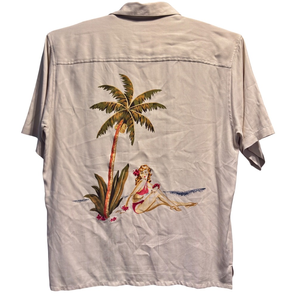 Paradise Coves Silk Shirt Men XL Cream Excellent Hula Girl Palm Tree Embroidered